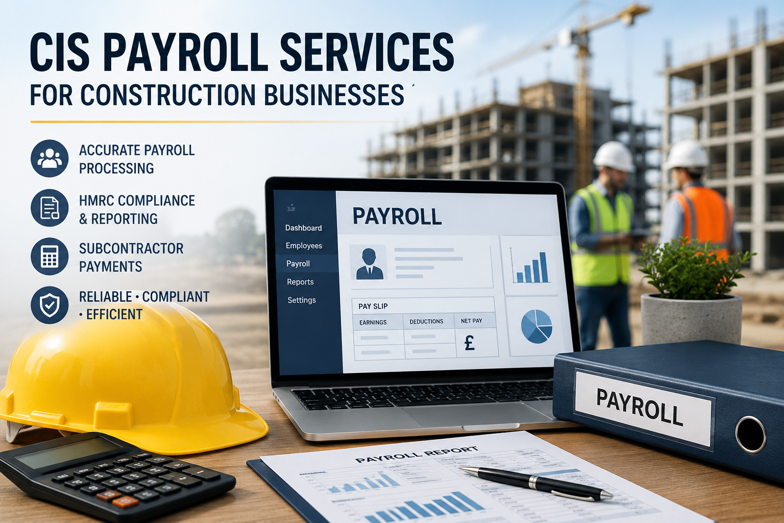 CIS Payroll Services for construction businesses showing payroll management, HMRC compliance, subcontractor payments, and payroll processing in the UK.