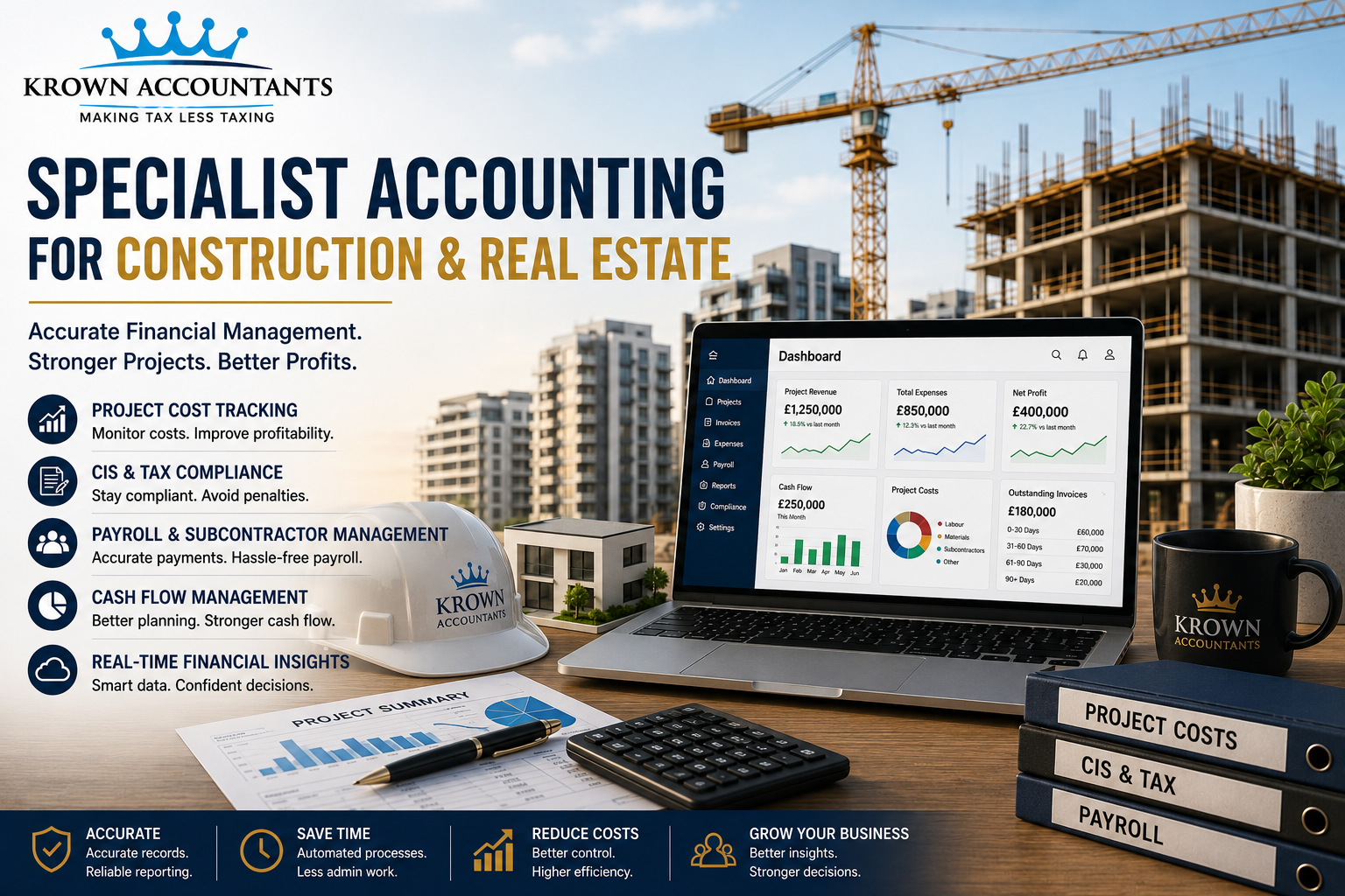 Specialist accounting services for construction and real estate businesses, including project cost tracking, CIS compliance, payroll, cash flow management, and financial reporting.