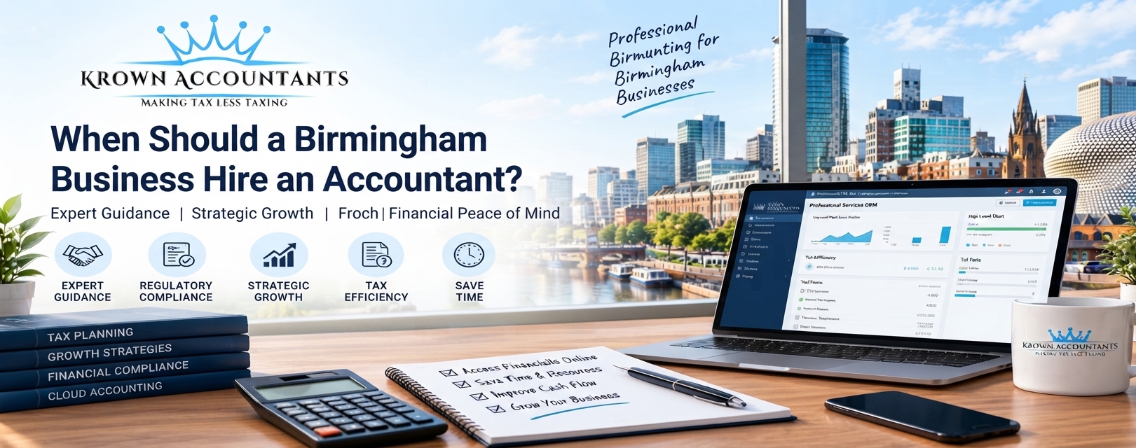 A professional office desk scene overlooking the Birmingham skyline, with a laptop displaying accounting dashboards, a branded coffee mug, and text promoting accounting services.